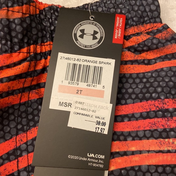 NEW! UNDER ARMOUR Youth Board Shorts Swim Trunks Orange Spark Gray Stripe 2T - Picture 8 of 10